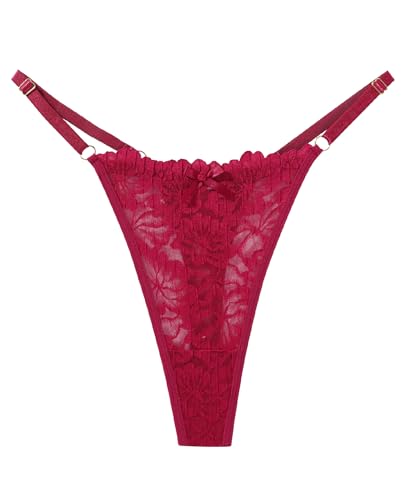 Image of Murimia Thongs for Women G String Sexy Lace No Show Underwear Low Rise T-Back Breathable Panties, H-Wine Red, Small