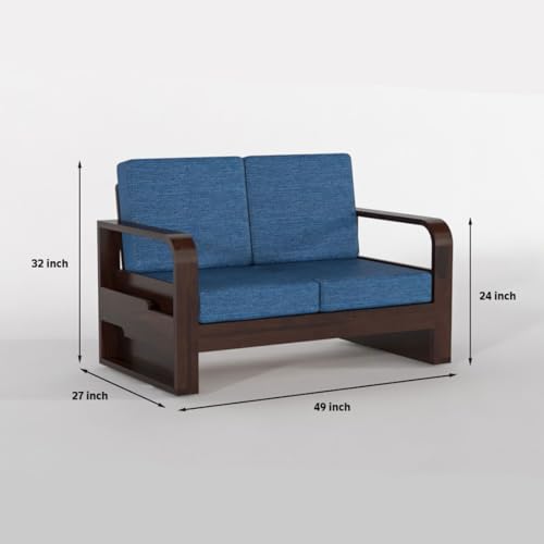 Image of Solid Sheesham Wooden 4 Seater Sofa Set for Living Room | Sofa Set with Side Pocket Storage & Cushion | Rosewood Sofa Set for Home (Walnut with Blue Cushion, 4 Seater)