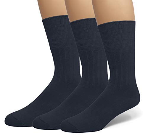 EMEM Apparel Men's Big and Tall King Size Diabetic Circulatory Non-Binding Top Loose Top Casual Dress Crew Mid Calf Cotton Seamless Toe Hosiery Socks 3-Pack Navy 13-15