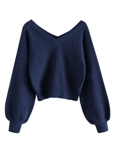 Image of ZAFUL Women's Cropped Sweater V-Neck Long Sleeve Pullover Jumper Knit Top