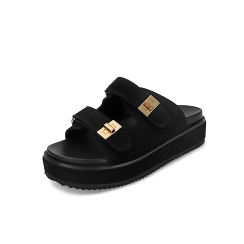 Image of SOVANYOU Suede Platform Sandals Slip on Platform Slides Open Toe Summer Beach Sandal Double Buckle Casual Vacation Shoes