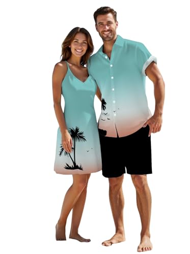 Image of DRESSFO Couple Matching Hawaiian Outfits Gothic Print V Neck Spaghetti Strap Dress or Roll Up Sleeve Shirts Outfit