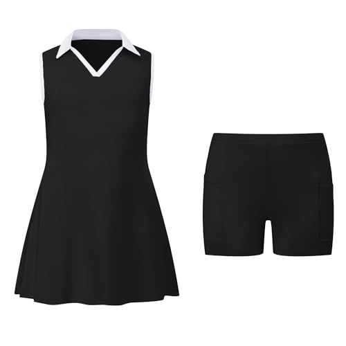 Girls Tennis Dress Golf Outfit Sleeveless V Neck Workout Athletic Dresses Skirt with Shorts Pockets3