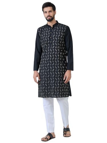 Image of See Designs Men's Full Sleeve Mandarin Collar Ethnic Motifs Embroidered Sequinned Mandarin Collar Straight Long Kurta with Pyjama - Festive Collection