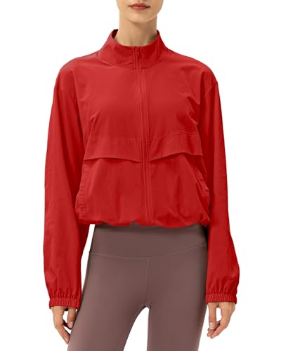 Locachy Women's Lightweight Zip Up Athletic Jacket Stand Collar Windproof Sun Protection Workout Outdoor Jacket Red M