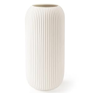 White Ceramic Vase for Flowers, 8 INCH Modern Small Ribbed Textured White Flower Vase for Home Decor, Pampas Grass, Decorative, Farmhouse, Coffee Table, Bookshelf and Home Living
