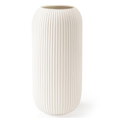 White Ceramic Vase for Flowers, 8 INCH Modern Small Ribbed Textured White Flower Vase for Home Decor, Pampas Grass, Decorative, Farmhouse, Coffee Table, Bookshelf and Home Living