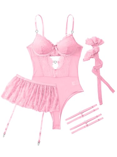 Image of Lilosy Sexy Lingerie Set 3 Piece Women Corset Bodysuit Skirt | Rhinestone Heart Stocking Garter Plus Size Underwire Mesh Sheer Lace Push Up Babydoll Halloween Christmas Valentine's Bridal