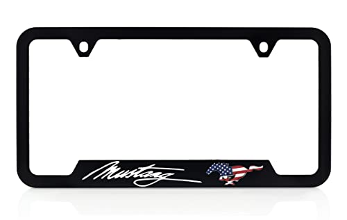 Ford Mustang Script Wordmark Patriotic UV Printed Black ABS Plastic License Plate Frame Holder