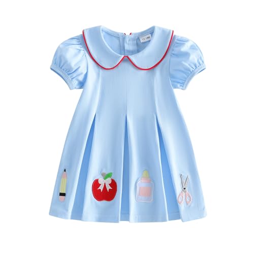 Lukivech Little Toddler Girls Back to School Dress Short Sleeve Doll Collar A-Line Dresses Baby First Day of School Outfit (Sky Blue, 4-5 Years)