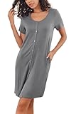 Ekouaer Nachthemd Damen Sommer Schlafshirt Kurze Ärmel Sleepshirt Kurz Nachtwäsche Knopfleiste,Grau,M