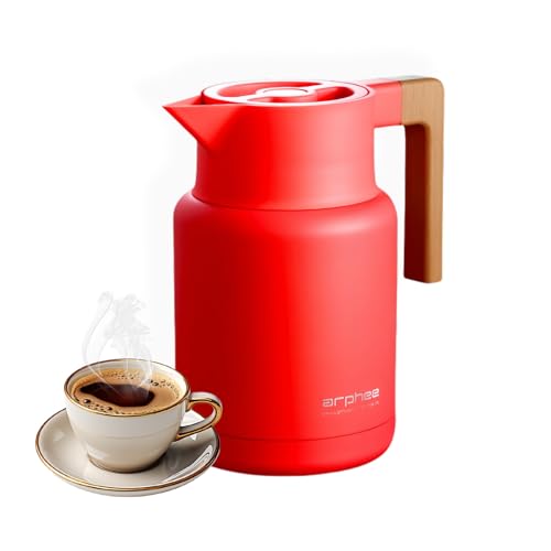 Caraffa Termica Per Caffè, Brocca Sotto Vuoto Isolata in Acciaio Inossidabile, Manico in Legno, Per Tè E Caffè Caldi E Freddi, Cucina, Ufficio, Hotel (Rosso,1300ml)