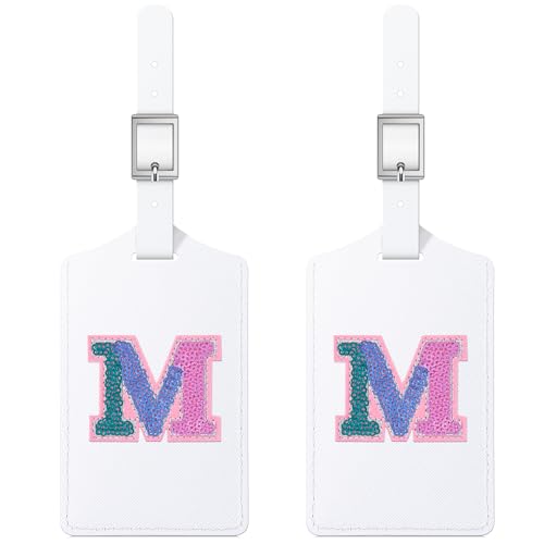 Sodsay 2 PCS Initial Luggage Tag, Luggage Tags for Suitcases Cute Sequin Letter PU Leather Travel Bag Baggage Tags Privacy Cover ID Label for Women Kids Teens Men(M, White Leather+Colorful Letter)