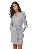The Bund Women's Short Sleepwear Modal Cotton Knit Robe-Lace Trim, L Grey