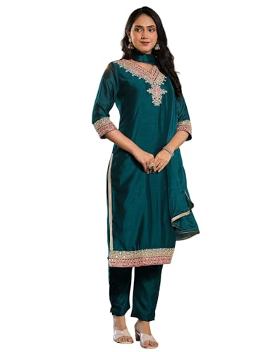 Image of SKYLEE Silk Blend Weaving and Embroidery Lace Straight Kurta Set with Dupatta
