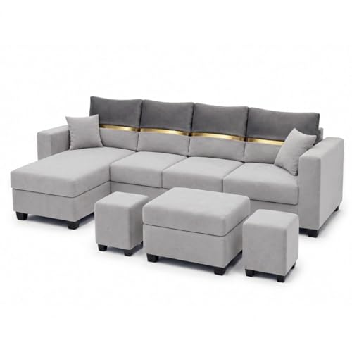 Image of Furny Arvea 8 Seater Fabric LHS L Shape Sofa Set with 1 Centre Table & 2 Puffy (Light Grey-Dark Grey) | Soft Velvet Fabric | Modern Design | Comfortable Seating | Living Room Furniture