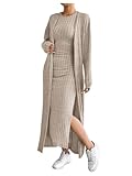 SOLY HUX Women's Casual Ribbed Knit Outfit 2 Piece Bodycon Tank Dress and Long Sleeve Long Cardigan Spring Fall Clothes Solid Apricot Large