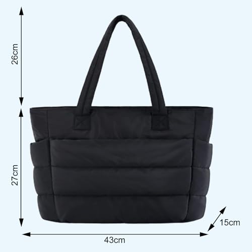 TYXHXTF Damen Handtasche Tote Bag Daunentasche, Puffy Tote Bag Sporttasche Tragbarer Laptop Umhängetasche, Einkaufstasche mit Schultergurt für Arbeit Reise Shopping Schule, Schwarz