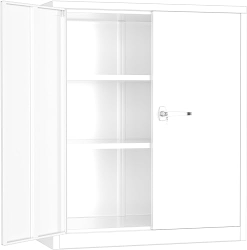 Image of INTERGREAT Metal Garage Storage Cabinet, 36 inch Locking Counter Cabinet with 2 Locking Doors and 2 Adjustable Shelves, Small Steel Cabinet for for Home Office, Gym, School(White)