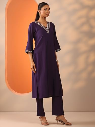 Image of Libas Purple yoke design Silk Blend Straight Kurta set for Women | daily wear suit