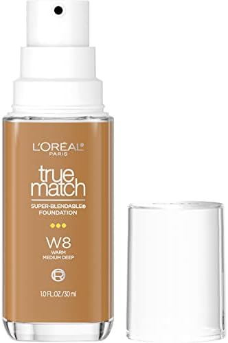 L'Oreal Paris True Match Super-Blendable Foundation, Medium Coverage Liquid Foundation Makeup with SPF 17, W8, Medium Deep, 1 Fl Oz
