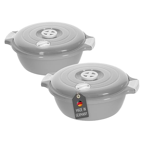 Lantelme 2 Stück Mikrowellenschüssel im Set mit 1,8 Liter mit Dampfventil in Deutschland hergestellt stapelbar spülmaschinengeeignet Kunststoff Mikrowellengeschirr Kühl- Gefrierschrank (Grau)