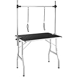 tectake® Dog Grooming Table with Height-Adjustable Grooming Arm & 2 Rotatable Leashes, Foldable Pet Grooming Table with Non-Slip Surface, Sturdy Frame & 60kg Load Capacity for Dogs & Cats - Black/Grey