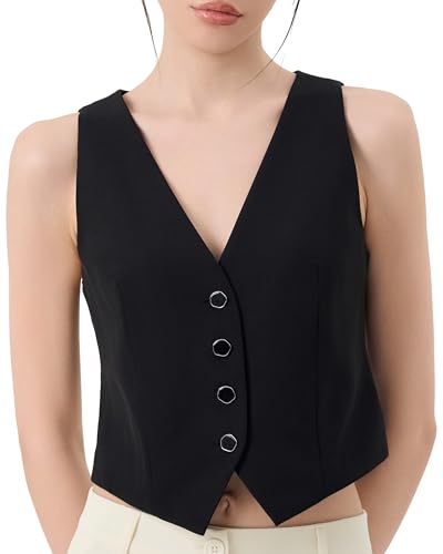 SANDY & SID Women's Cropped Vest Top V Neck Sleeveless Button Front Waistcoat Business Casual Tailored Vest Summer Outfit