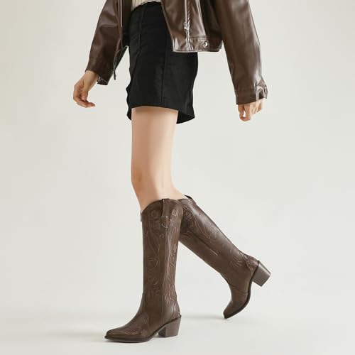 Cowboy Boots for Women Embroidered Knee High Vintage Western Womens Cowgirl Boots Pointed Toe Chunky Heel4