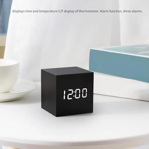 Réveil numérique bois noir cube 6cm LED blanche à commande vocale - 6