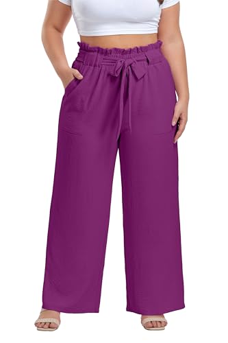 Image of OLRIK Women's Plus Size Pants Adjustable High Waisted Wide Leg Palazzo Pants Casual Trousers with Pockets Spring Clothes