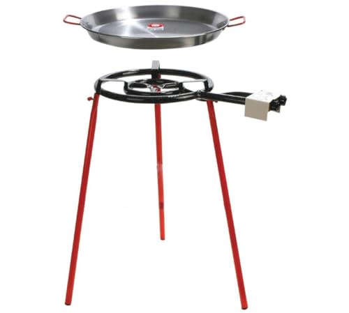 Paella Cooking Kit, Set: 70cm Paella Pan + Paella Gas Burner Triple Ring 400mm + Reinforced Paella Burner Tripod + Gas Regulator and 1,5m Hose