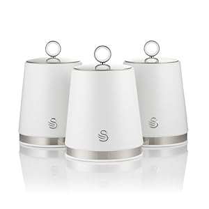 Swan SWKA18536WHT Serenity Set of 3 Kitchen Storage Canisters for Tea, Coffee, and Sugar with Smooth Matt Finish and Stainless Steel Accents, 1.3L, White