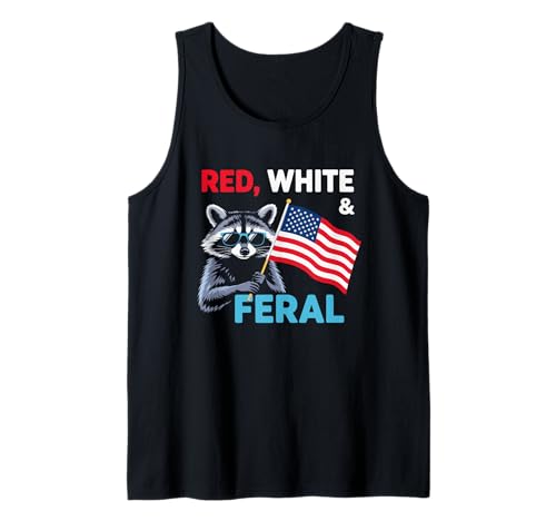 Red White Feral Raccoon Funny 4th Of July USA Flag Patriot Camiseta sin Mangas
