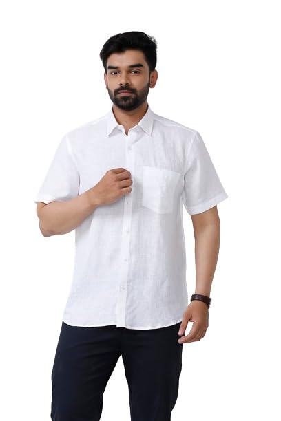Linen Classic Cotton Linen Half Sleeve Solid Slim Fit White Formal Shirt for Men-image-49