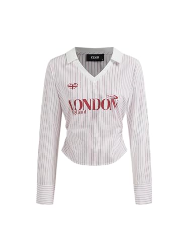 CIDER Long Sleeve Shirts for Women Graphic Collegiate Collar Stripe Ruched Blouse Academic Varsity Woven Top