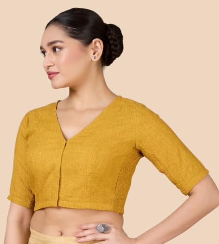 Image of Studio Shringaar Women's Thick Handloom Cotton Plain Side Stretch (Smocked) Readymade Saree Blouse