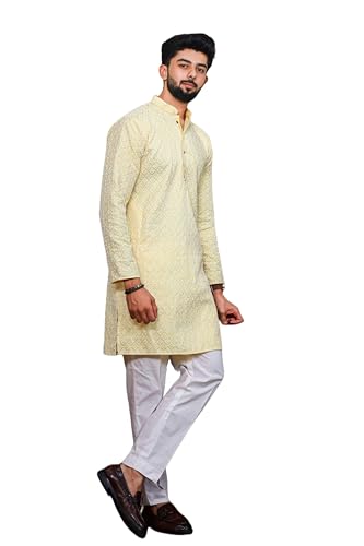Image of ALMORA Men's Embroidered with Thread Work and Cotton Blend Only Slim Fit Kurta for Men