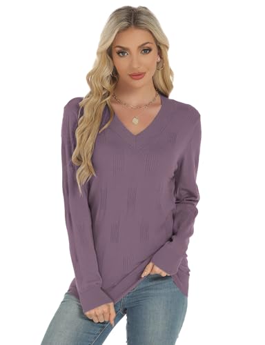 Buauty Womens Fashion V Neck Long Sleeve Knitted Ribbed Pullover Sweaters Casual Lightweight Loose Fit Jumper Tops2