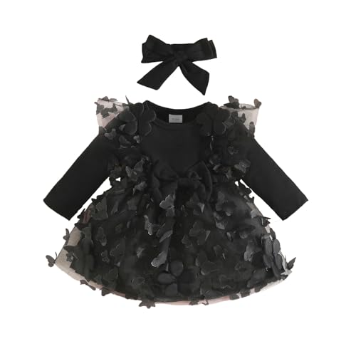 Image of QUNERY Baby Girl Clothes Flower Dress Long Sleeve Butterfly Princess Wedding Birthday Party Bowknot Dresses for Infant Girl Black 12-18 Months