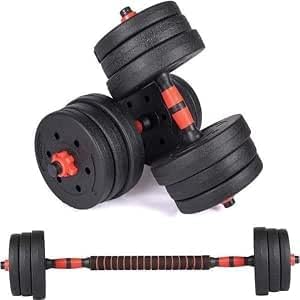 20KG Adjustable Barbell and Dumbbell Weight Set, 2-in-1 Convertible Design with Non-Slip Handles, Black and Red, Home Gym Strength Training Equipment