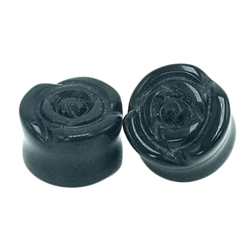 Pierre d'agate noire : tunnels d'oreille en forme de rose sculptée pour hommes