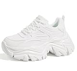 LUCKY STEP Chunky Sneakers for Women Platform Tennis Fashion White Dad Shoes Mesh Breathable Casual Wedge Lace Up Walking Sneakers(White,8)
