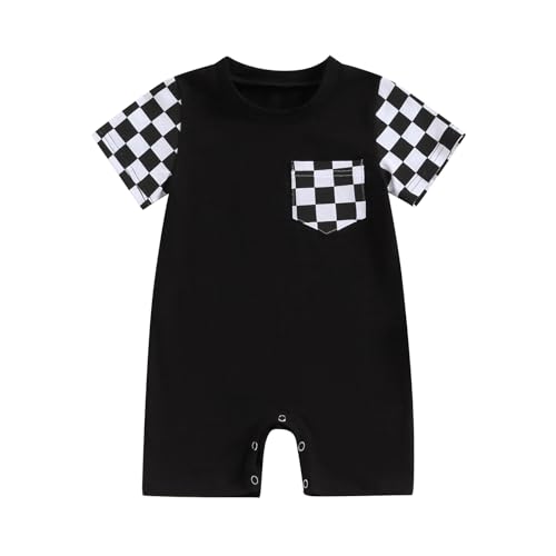 Image of Karuedoo Newborn Baby Boy Girl Clothes Checkered Plaid Romper Jumpsuit Short Sleeve One-Piece Bodysuit Infant Summer Outfit