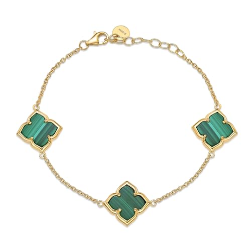 Lavari Jewelers Black Onyx, Malachite or Mother of Pearl Four Petal Flower Link Bracelet for Women in 925 Sterling Silver with Yellow Gold Plating Adjustable 7.25 Inches Long Lobster Claw Clasp
