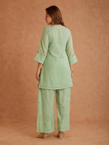 Image of ANNI Designer Farshi Salwar Suit for Women Viscose Embroidered | Co Ord Set for Woman | Straight Kurta Palazzo Outfit Round Neck V Slit 3 /4 Sleeve Ethnic Dress Womens Clothing