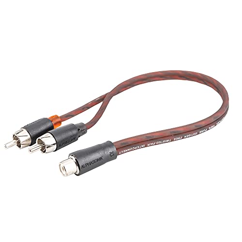 Alphasonik Premium 1 Female to 2 Male RCA Splitter Hyper-Flex RCA Interconnect Signal Patch Audio Cable with X-Radial Twist Wire Technology 100% Oxygen Free Copper Element Certified FLEX-1F2M