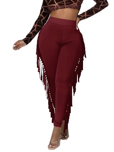 LYANER Women's High Waist Fringe Jogger Sweatpants Tassels Side Bodycon Pants