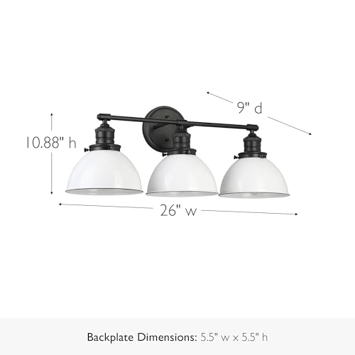 Image of Design House Savannah Rustic Farmhouse 3-Light Bathroom Vanity Light, Dimmable, Matte Black, White Metal Shade, 26 in x 9 in x 10.88 in, 588301