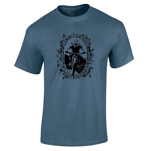 Dead Set Studio Mountain Bike T-Shirt for Men - MTB Top Commit or Quit Downhill Graphic Tee - Cycling Gifts for Men Funny Mountain Biking Gift for Him Dad Biker & Cyclist Indigo Blue Size XL